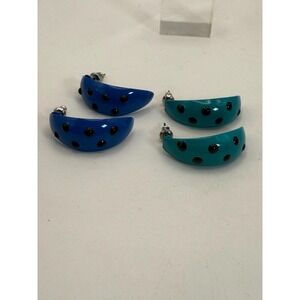 Blue & Teal Crescent Hoop Stud Earrings – Black Polka Dot Retro Dangles